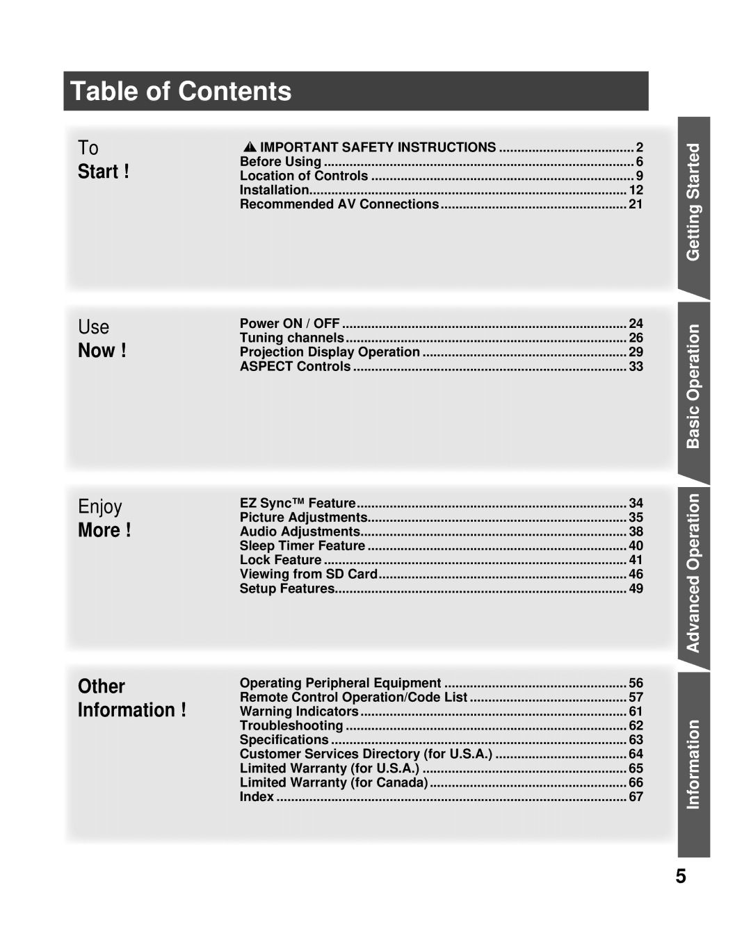 Panasonic PT-50LCZ70 operating instructions Table of Contents 