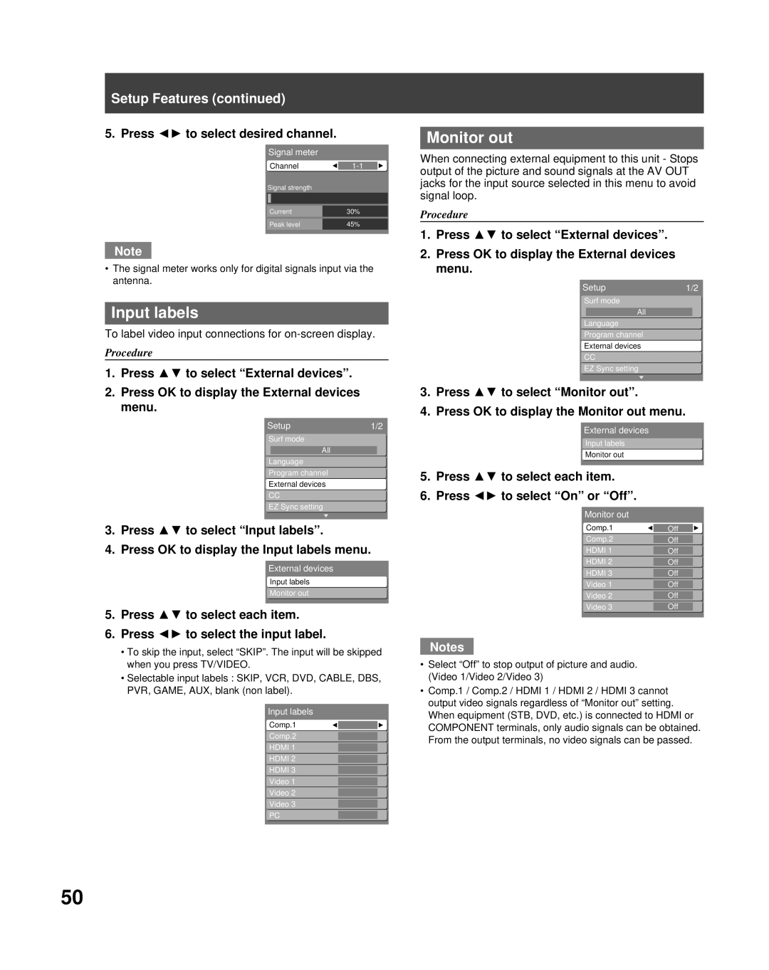 Panasonic PT-50LCZ70 operating instructions Input labels, Monitor out, Press to select desired channel 