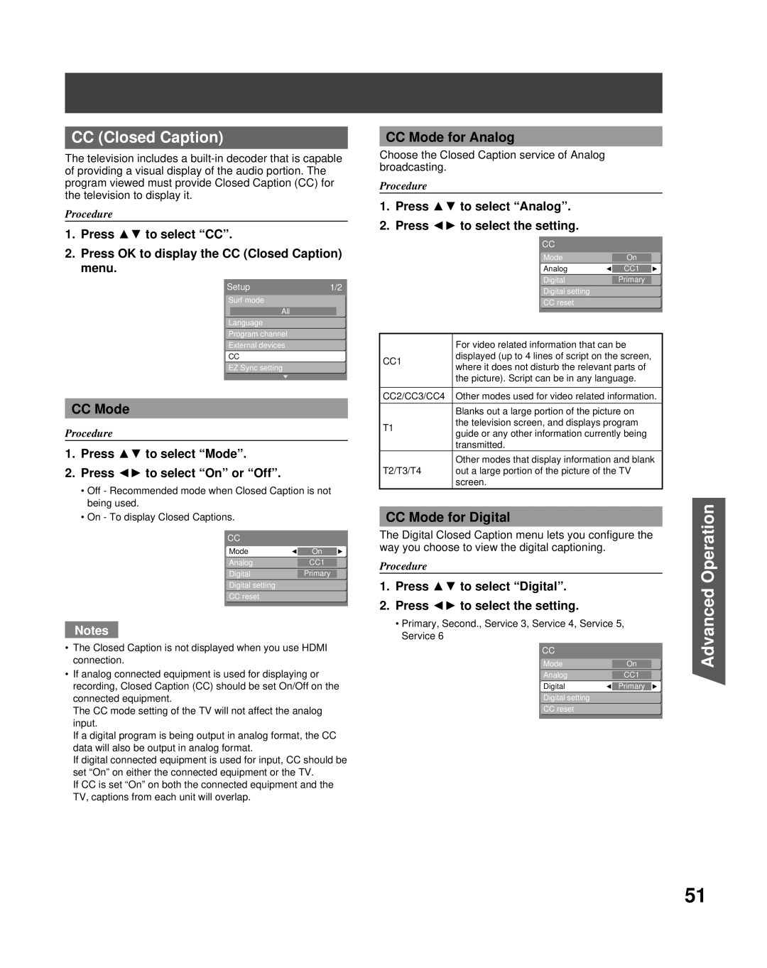 Panasonic PT-50LCZ70 operating instructions CC Closed Caption, CC Mode for Analog, CC Mode for Digital 