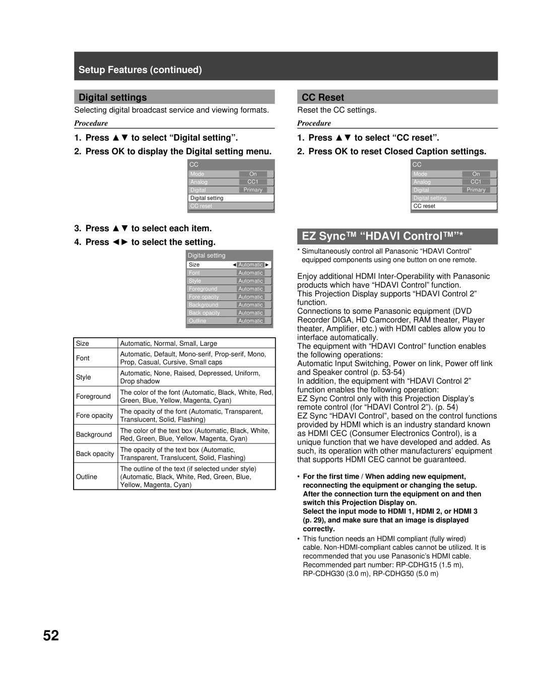 Panasonic PT-50LCZ70 operating instructions EZ Sync Hdavi Control, Digital settings, CC Reset 