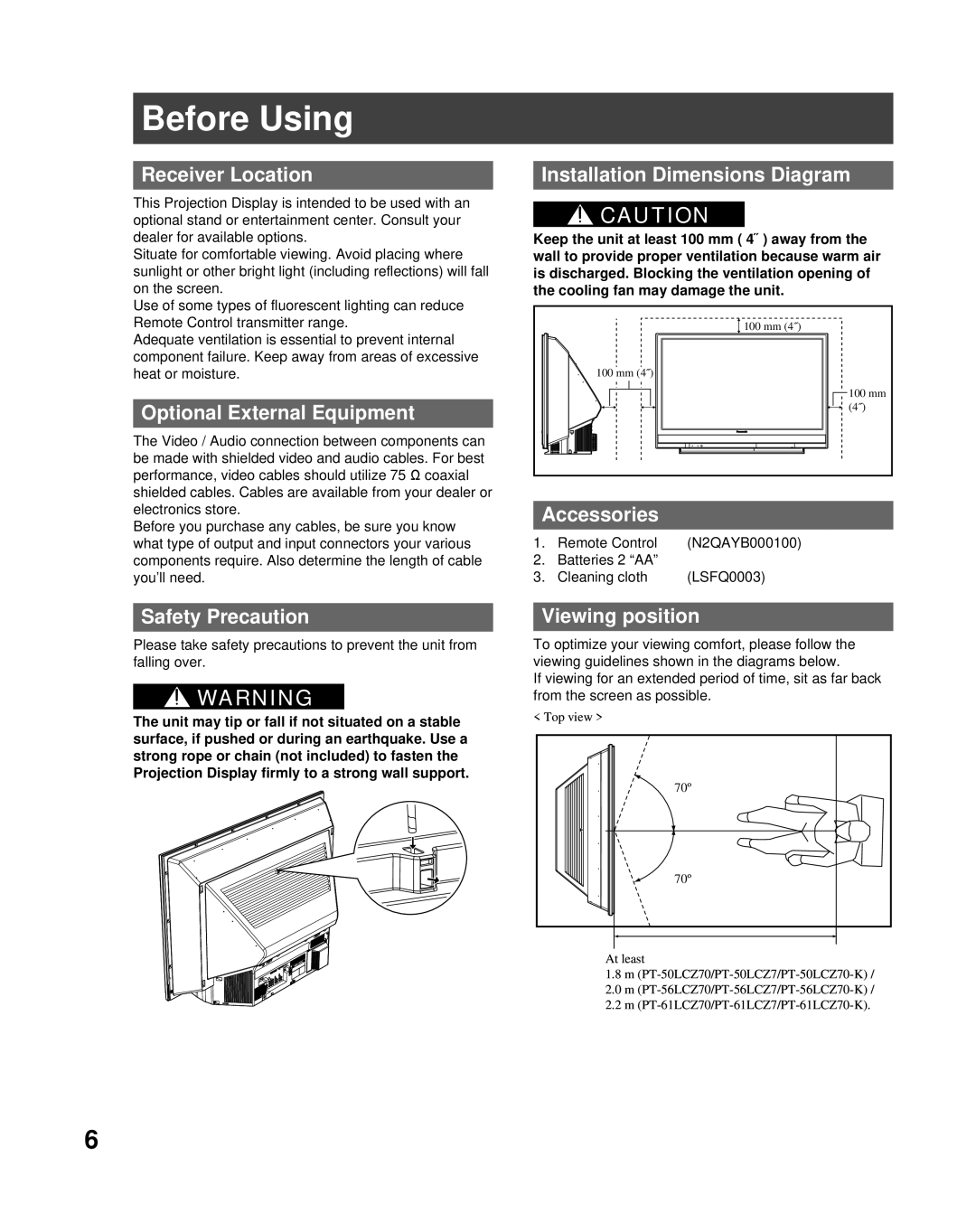 Panasonic PT-50LCZ70 operating instructions Before Using 