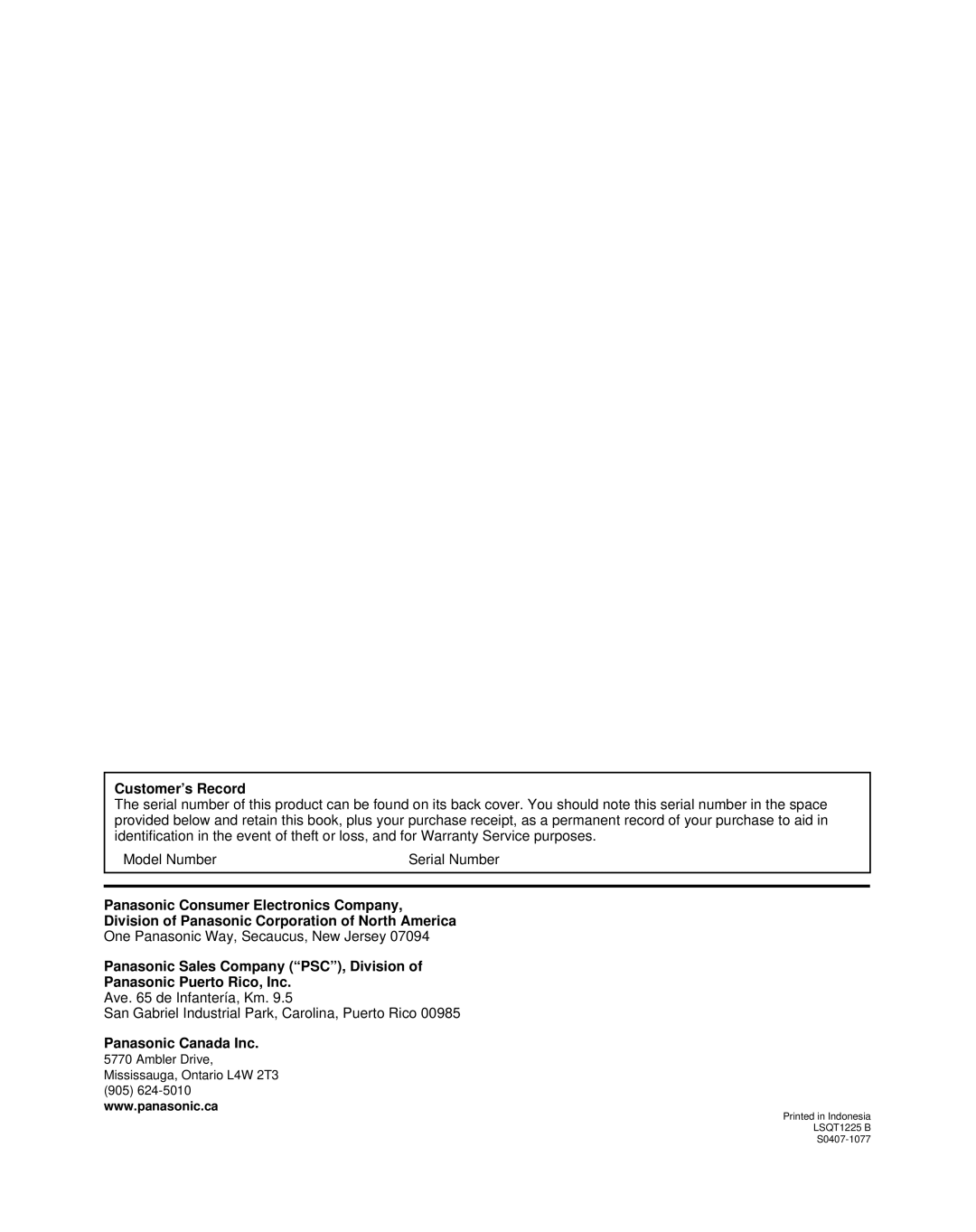 Panasonic PT-50LCZ70 operating instructions Customer’s Record 