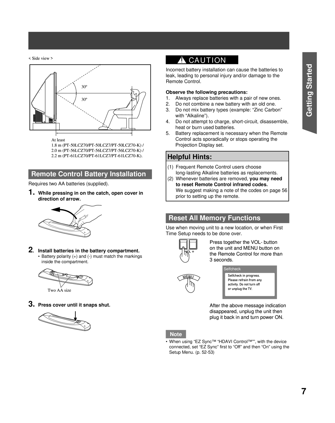 Panasonic PT-50LCZ70 Remote Control Battery Installation, Reset All Memory Functions, Observe the following precautions 