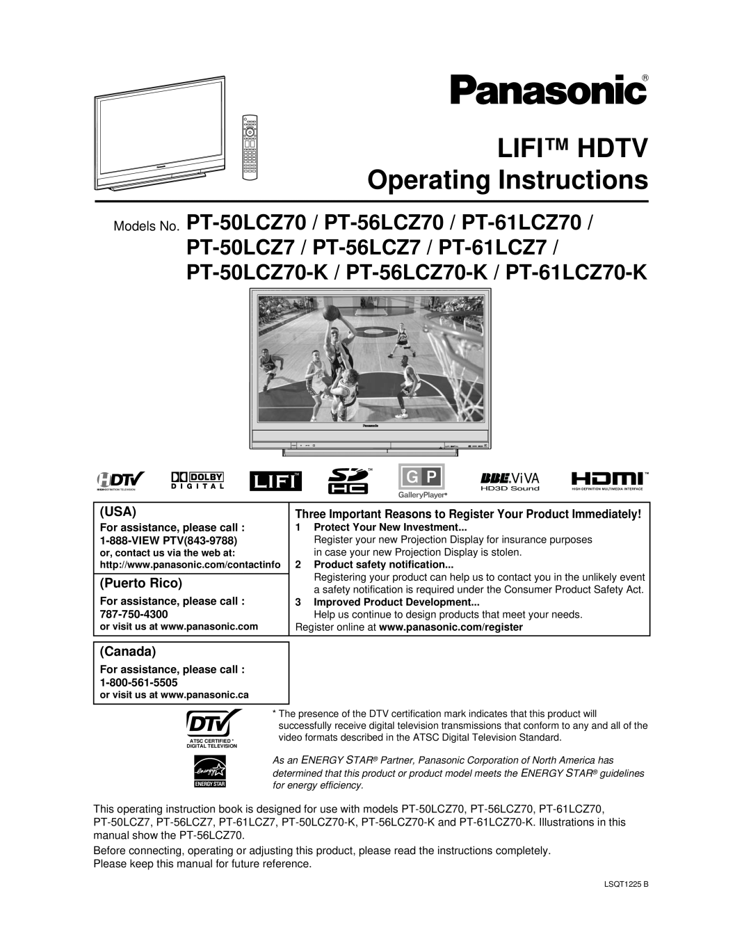 Panasonic PT-50LCZ70 operating instructions Puerto Rico, Canada, LIFI HDTV Operating Instructions, ViVA, VIEW PTV843-9788 