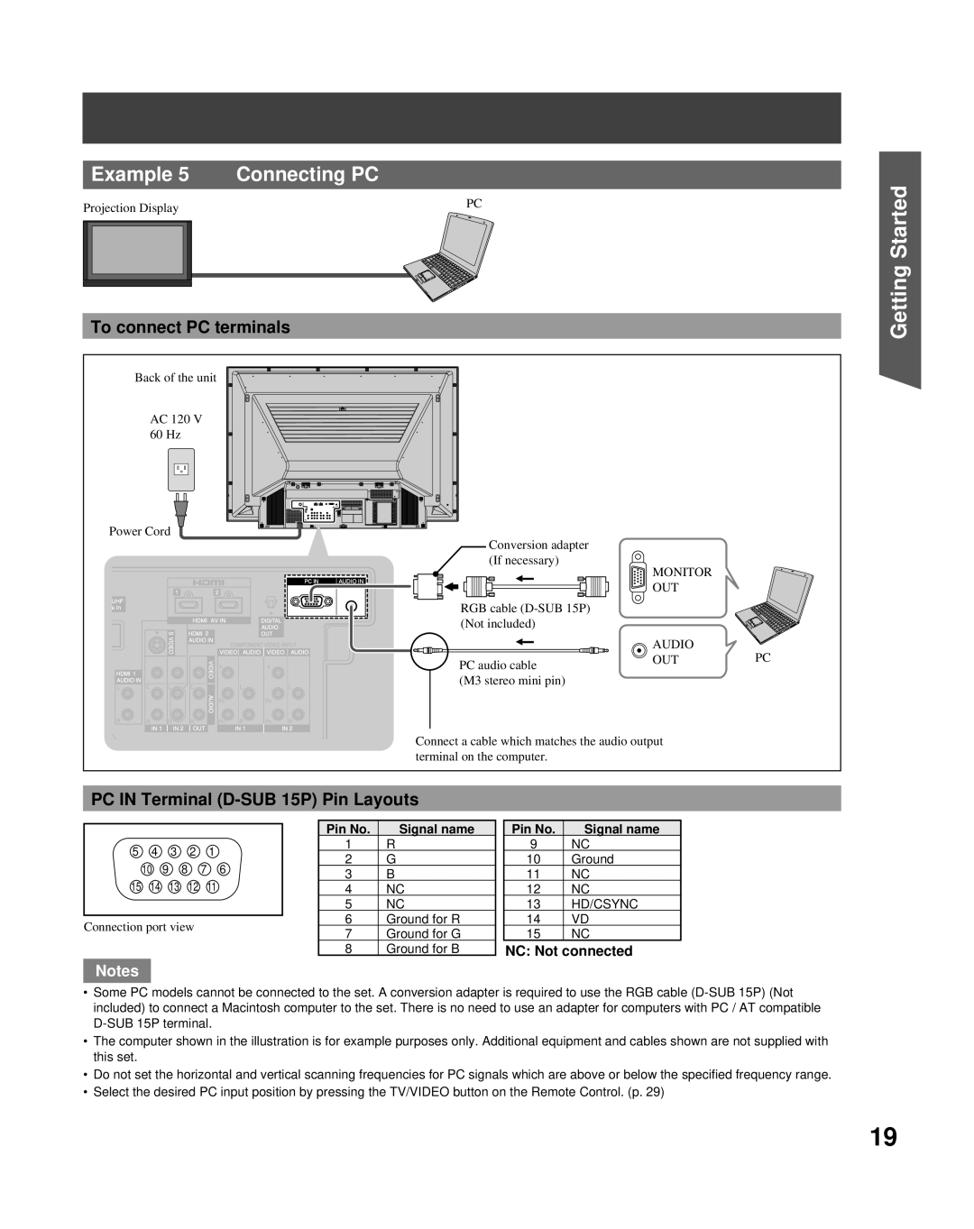 Panasonic PT-50LCZ70 Connecting PC, Example, To connect PC terminals, PC IN Terminal D-SUB 15P Pin Layouts 