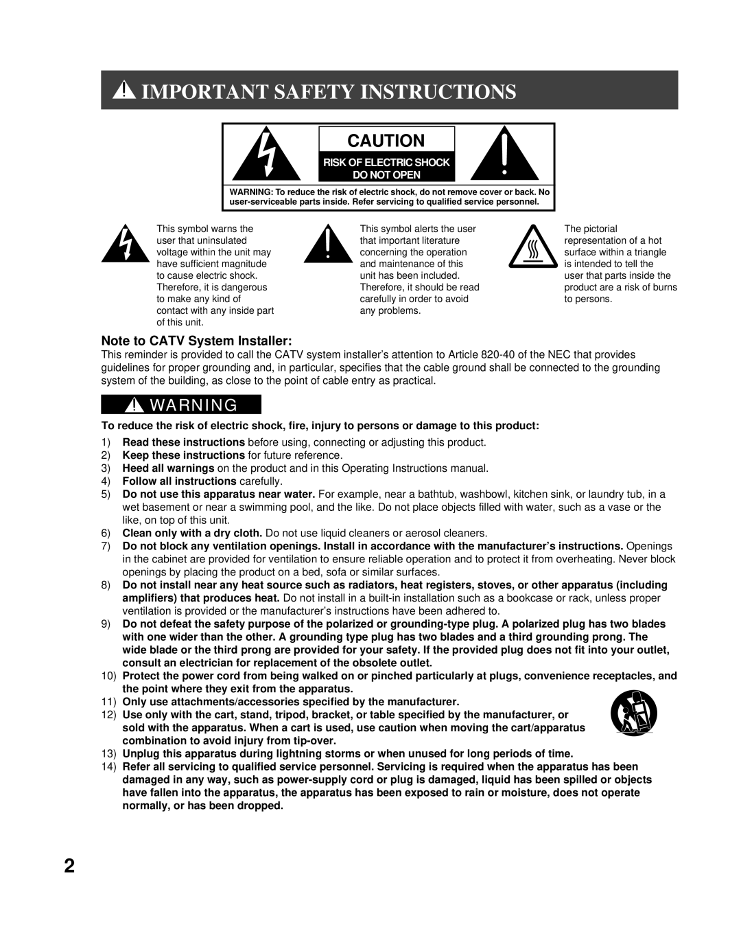 Panasonic PT-50LCZ70 Important Safety Instructions, Note to CATV System Installer, Risk Of Electric Shock Do Not Open 