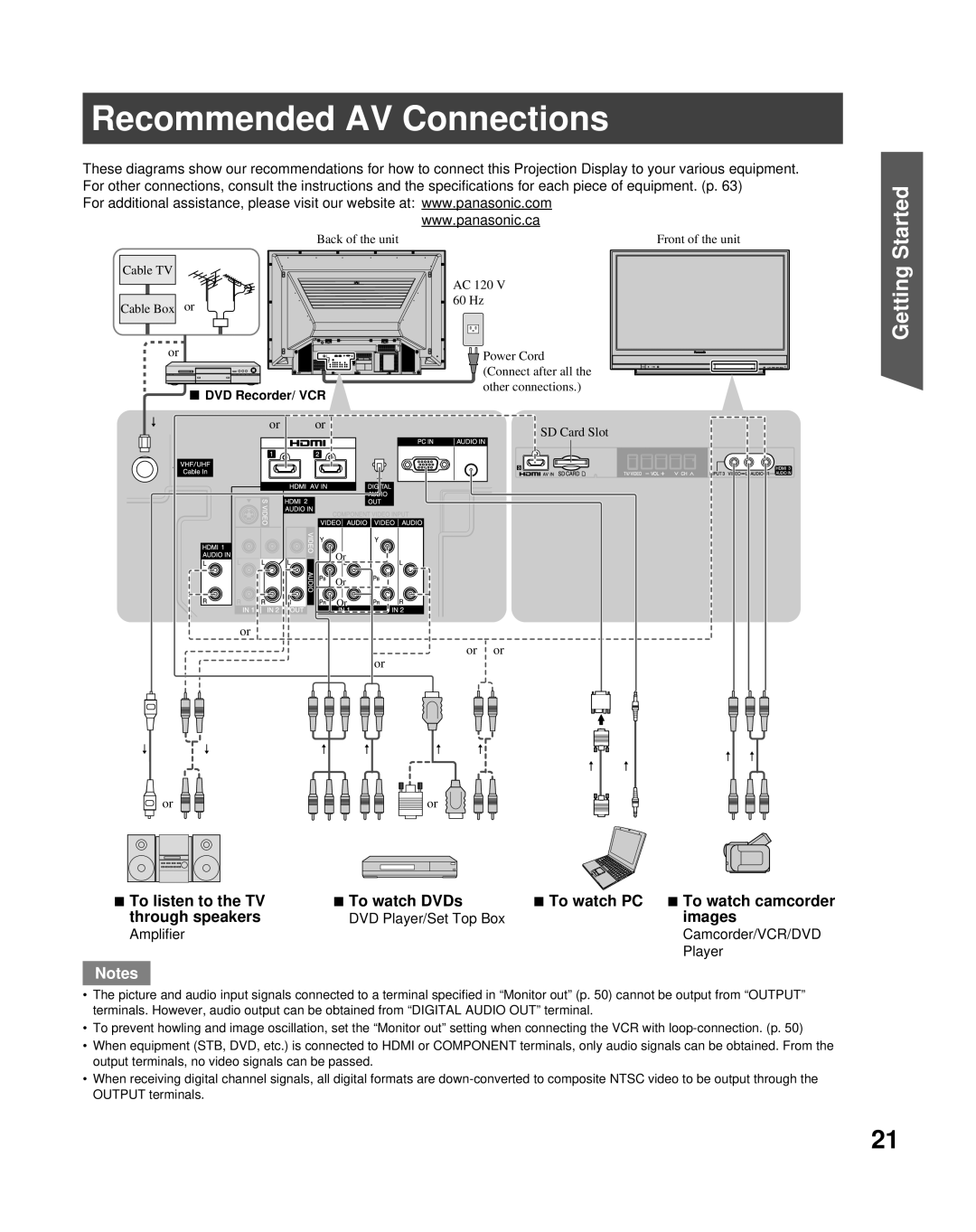 Panasonic PT-50LCZ70 Recommended AV Connections, Started, Getting, To listen to the TV, To watch DVDs, through speakers 