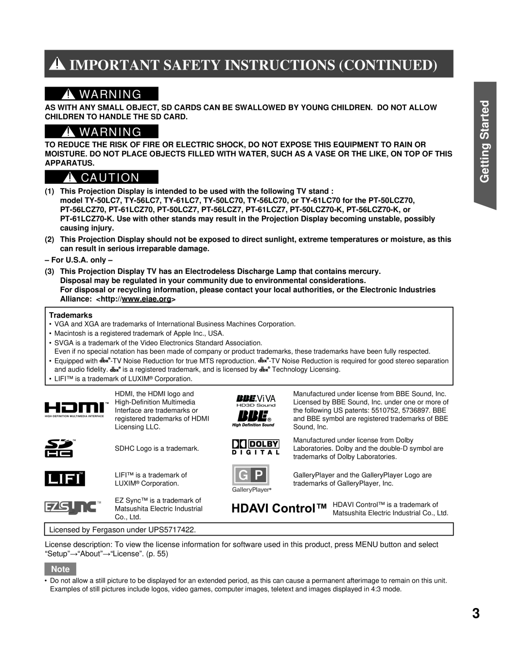 Panasonic PT-50LCZ70 Important Safety Instructions Continued, Getting Started, ViVA, For U.S.A. only, Trademarks 