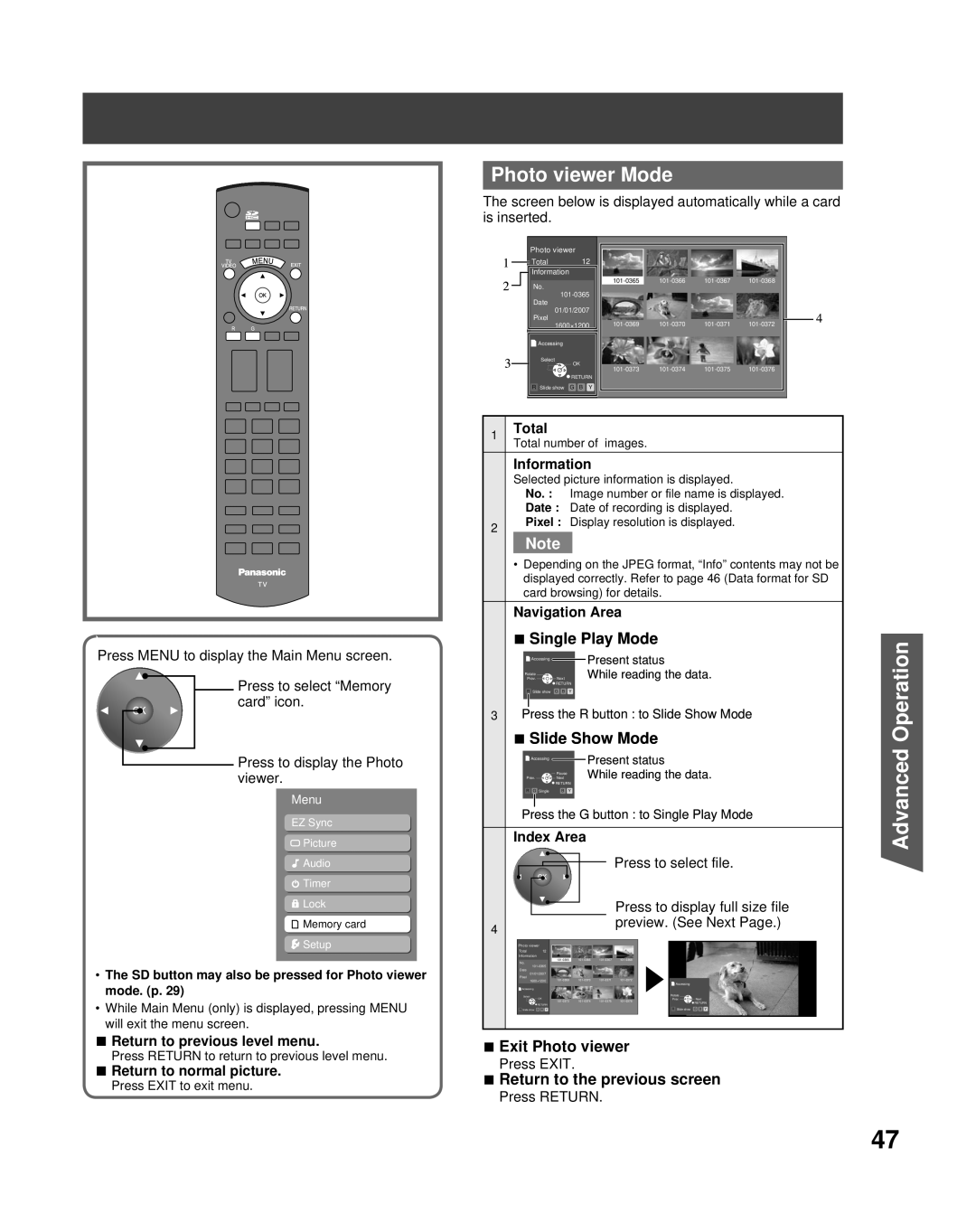 Panasonic PT-50LCZ70 Photo viewer Mode, Single Play Mode, Slide Show Mode, Exit Photo viewer, Advanced Operation, Total 