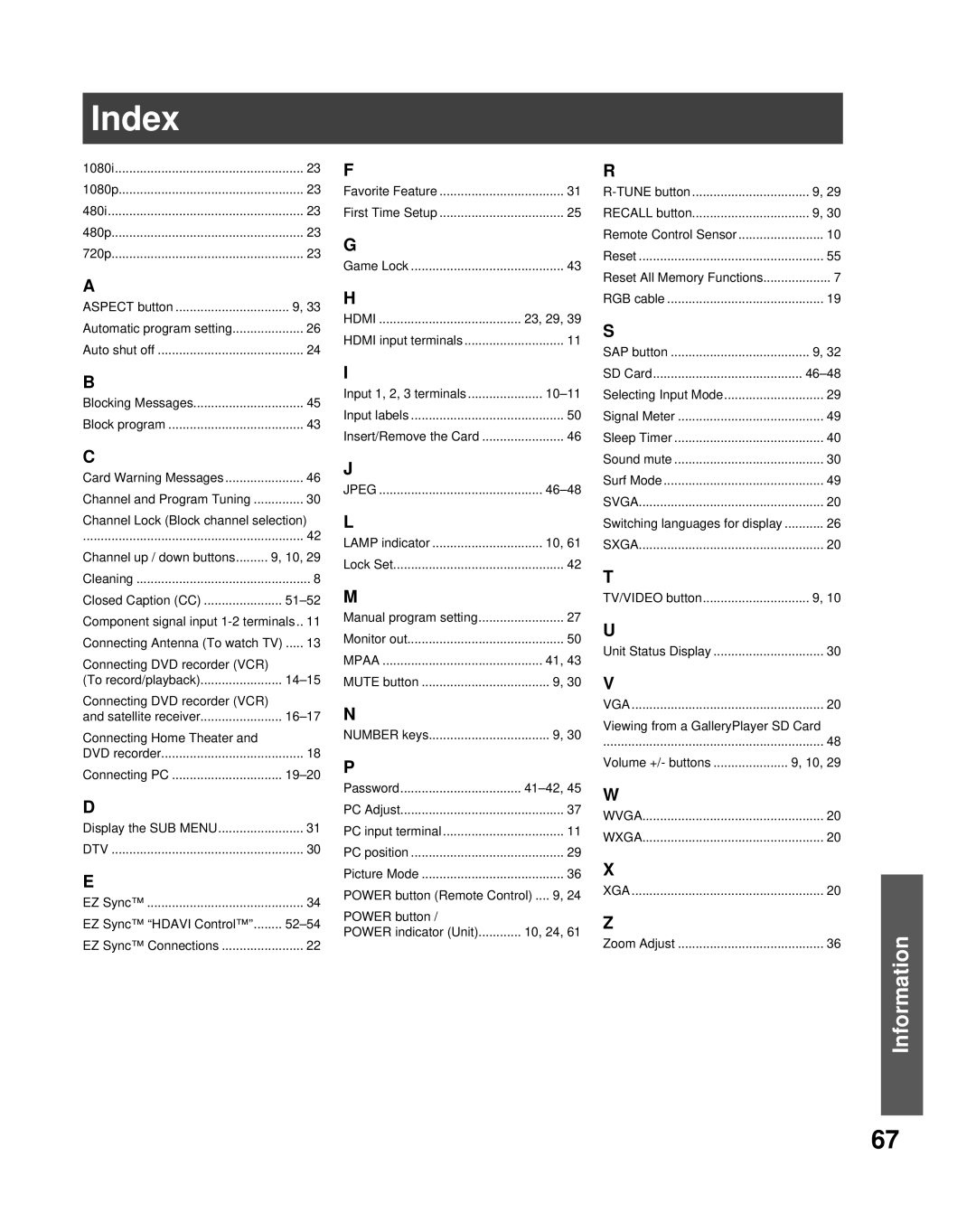 Panasonic PT-50LCZ70 operating instructions Index, Information 