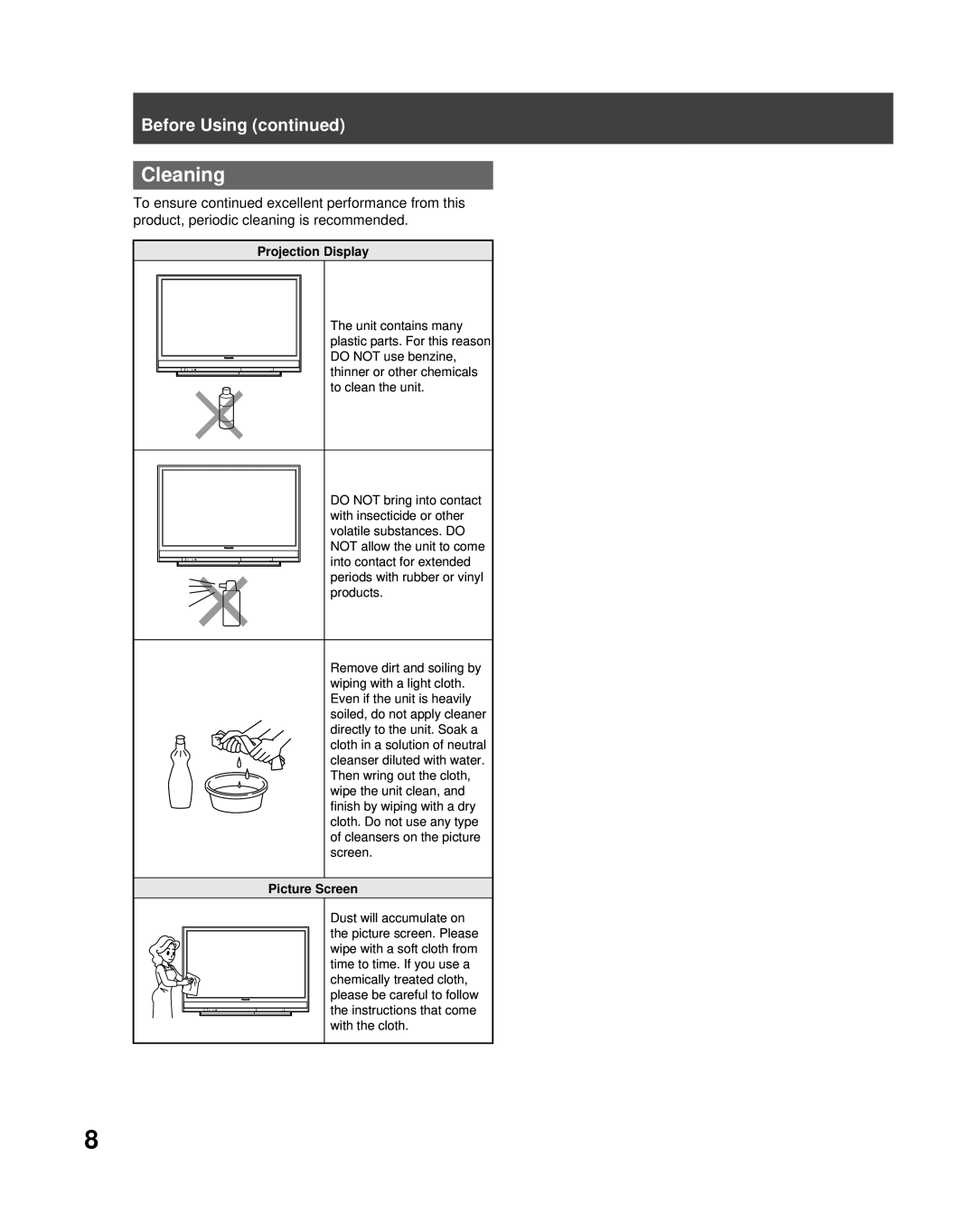 Panasonic PT-50LCZ70 operating instructions Cleaning, Before Using continued 