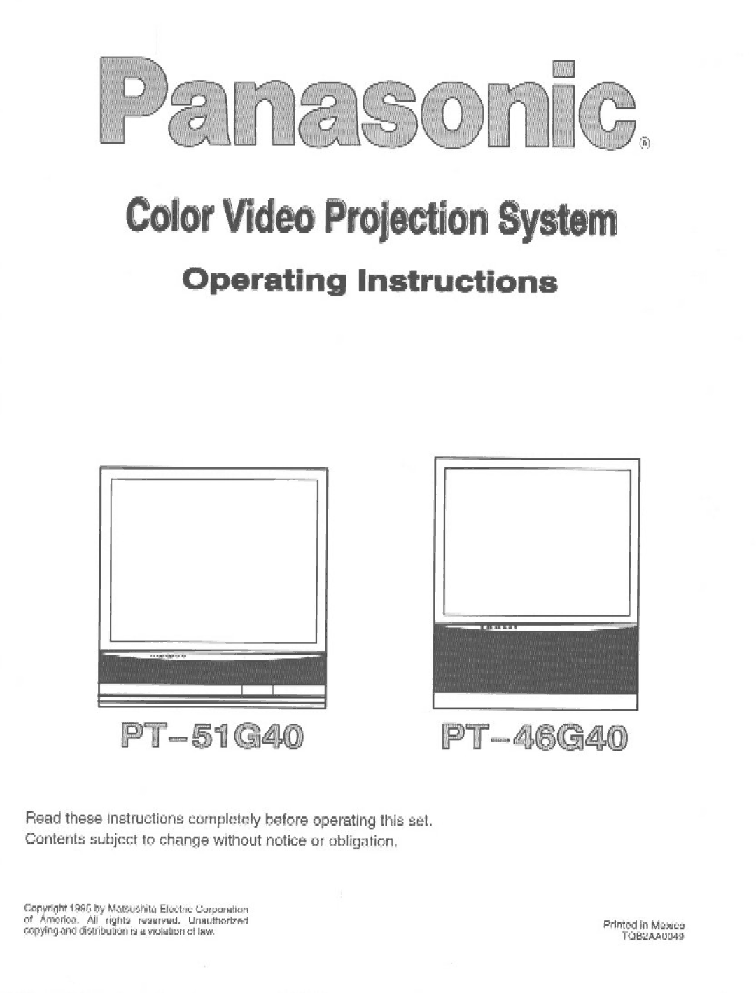 Panasonic PT-51G40 manual 