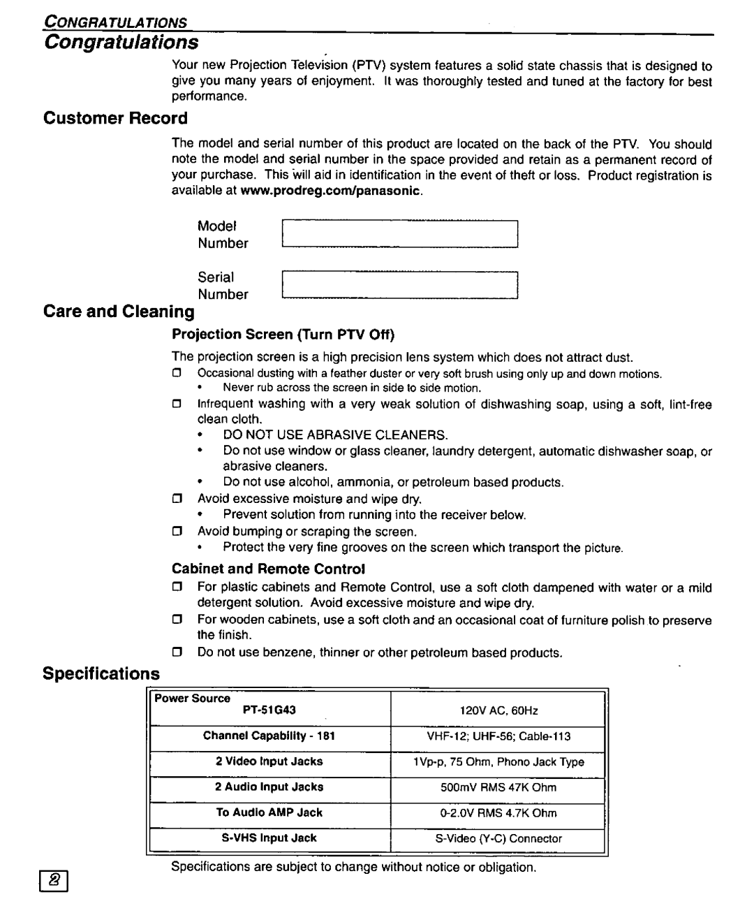 Panasonic PT-51G43 manual 