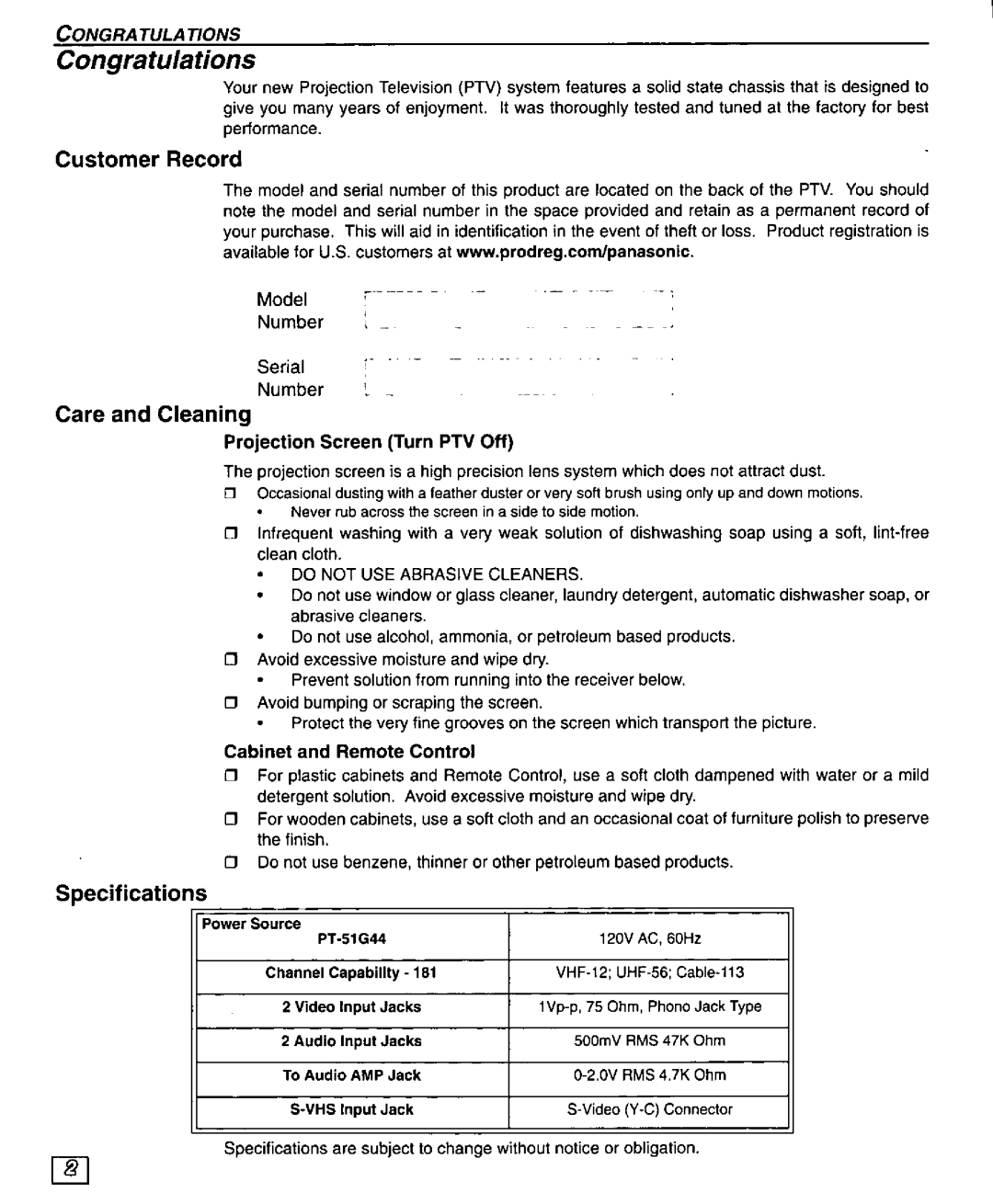 Panasonic PT 51G44 manual 