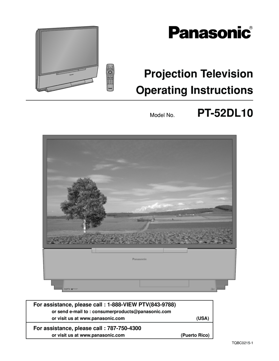 Panasonic PT 52DL10 operating instructions For assistance, please call 1-888-VIEW PTV843-9788, Puerto Rico 