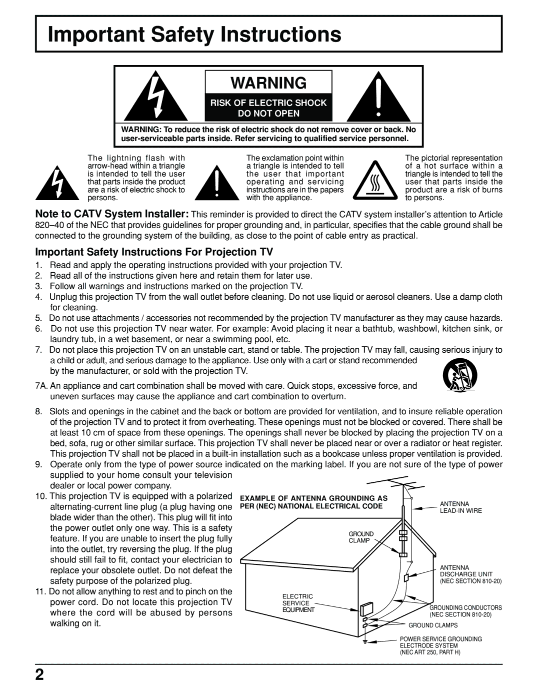 Panasonic PT 52DL10 operating instructions Important Safety Instructions For Projection TV 