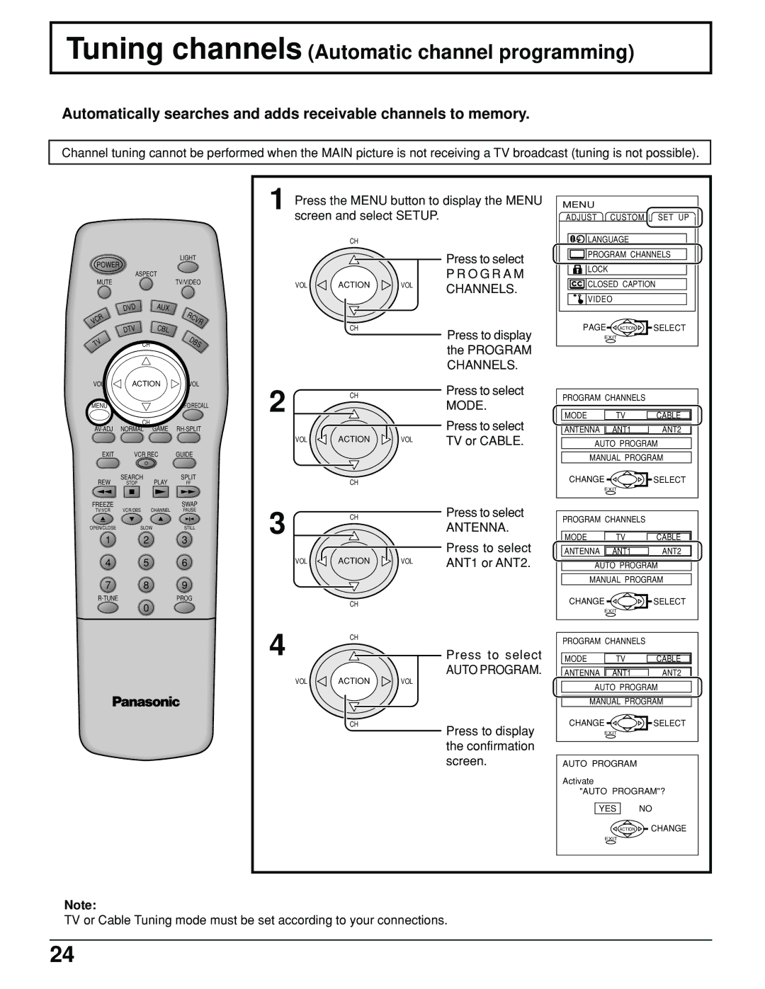 Panasonic PT 52DL10 Tuning channels Automatic channel programming, O G R a M, Channels, Mode, Antenna 