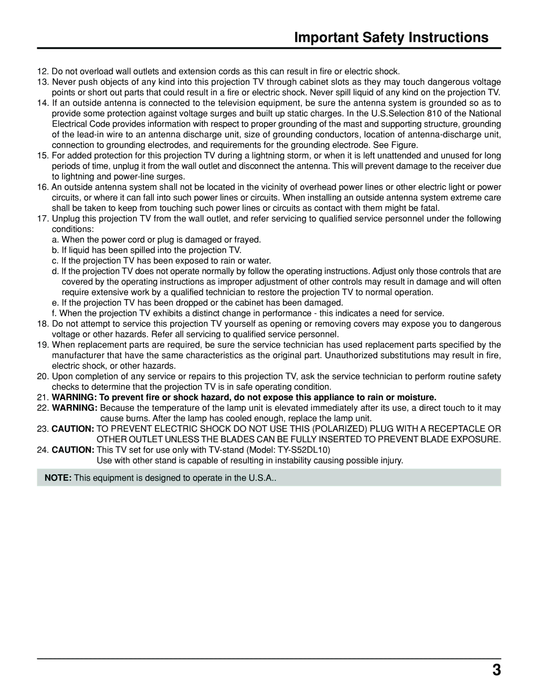 Panasonic PT 52DL10 operating instructions Important Safety Instructions 