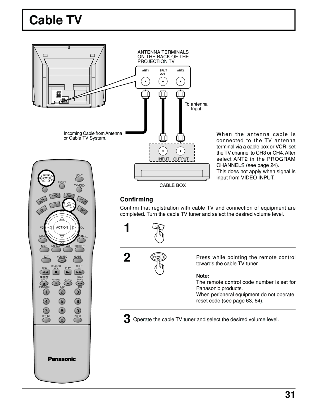 Panasonic PT 52DL10 Cable TV, Confirming, Press while pointing the remote control, Towards the cable TV tuner 