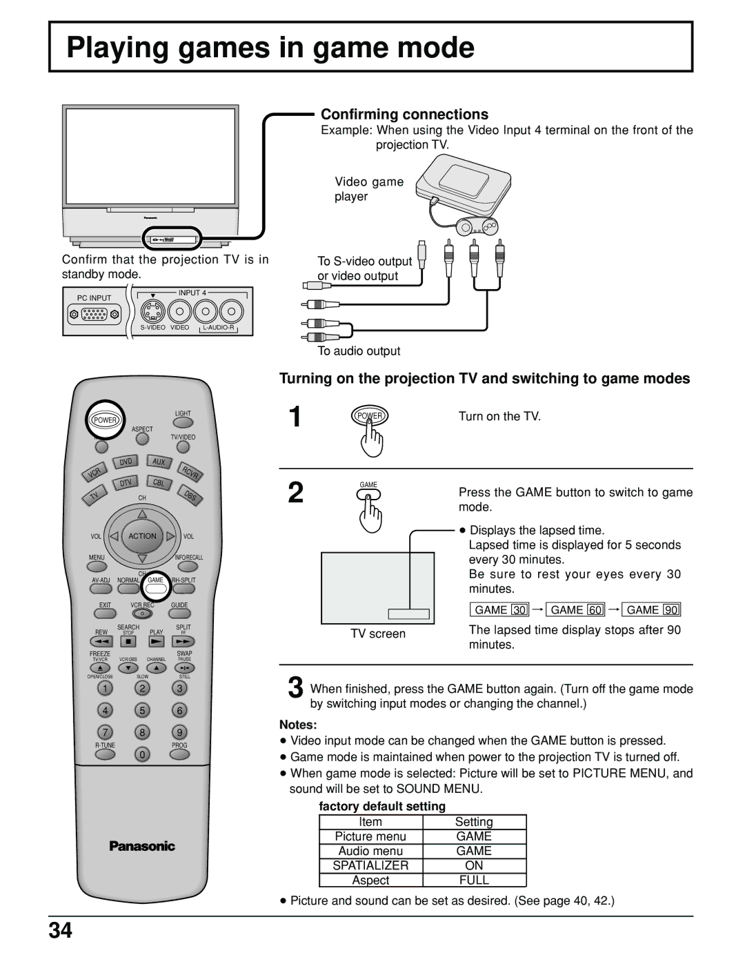 Panasonic PT 52DL10 Playing games in game mode, Turning on the projection TV and switching to game modes 