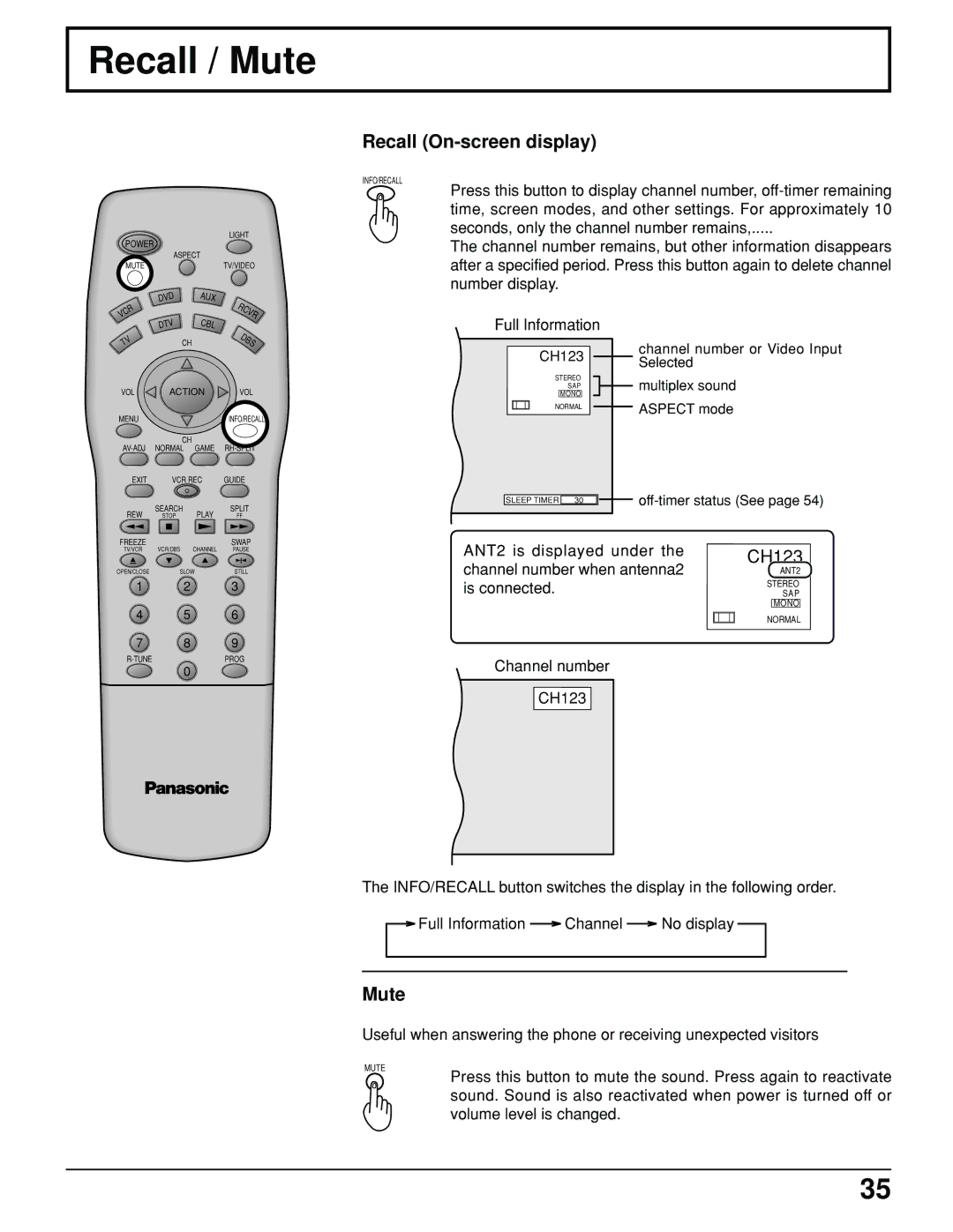 Panasonic PT 52DL10 operating instructions Recall / Mute, Recall On-screen display 