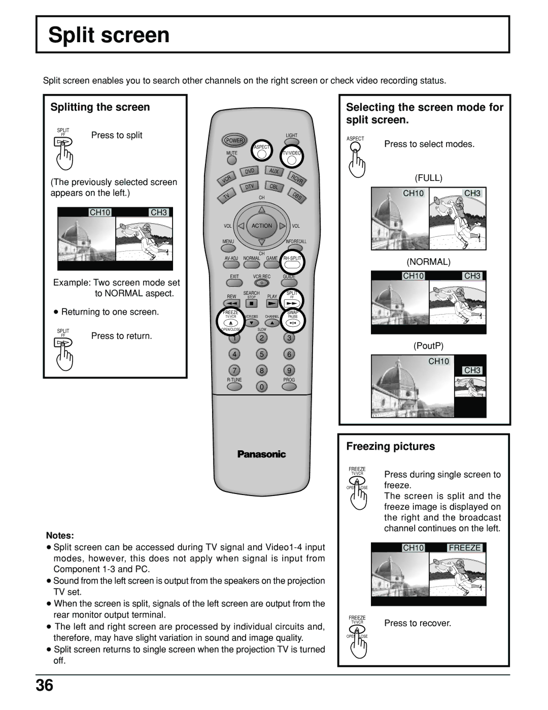 Panasonic PT 52DL10 Split screen, Splitting the screen, Selecting the screen mode for split screen, Freezing pictures 