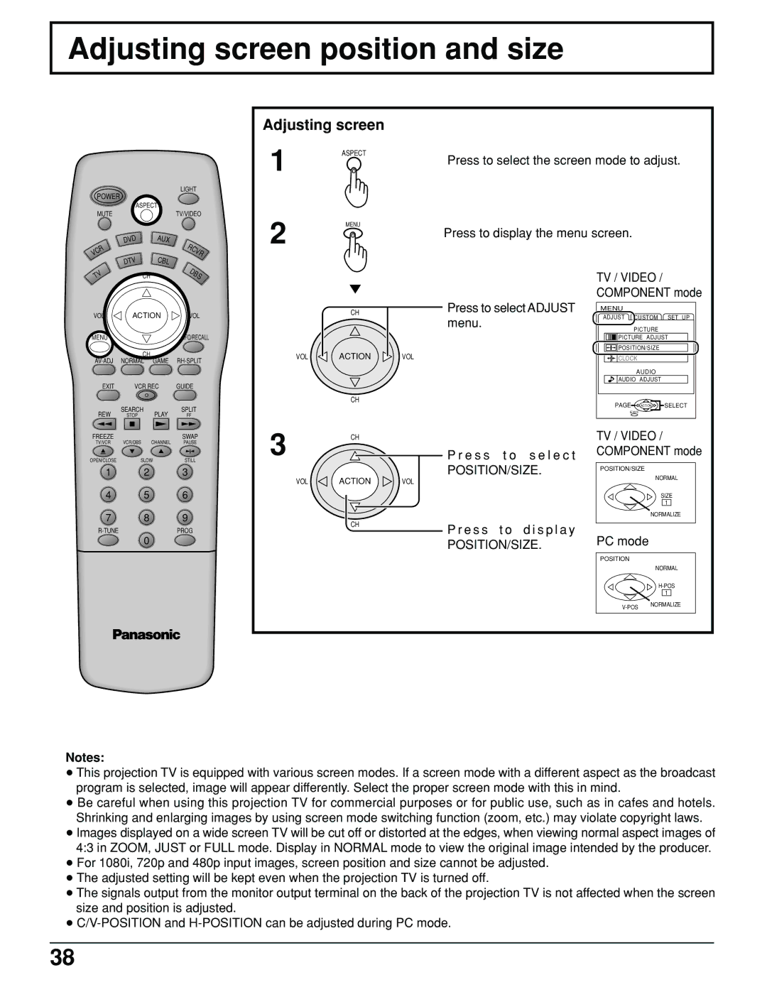 Panasonic PT 52DL10 operating instructions Adjusting screen position and size, Position/Size 