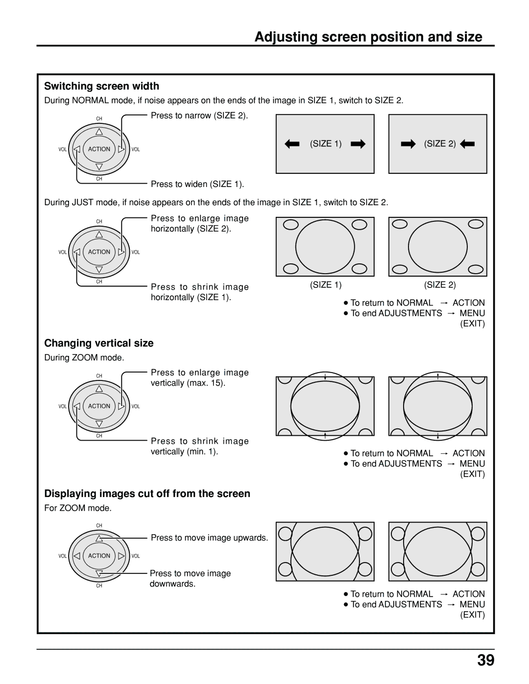 Panasonic PT 52DL10 Adjusting screen position and size, Switching screen width, Changing vertical size 