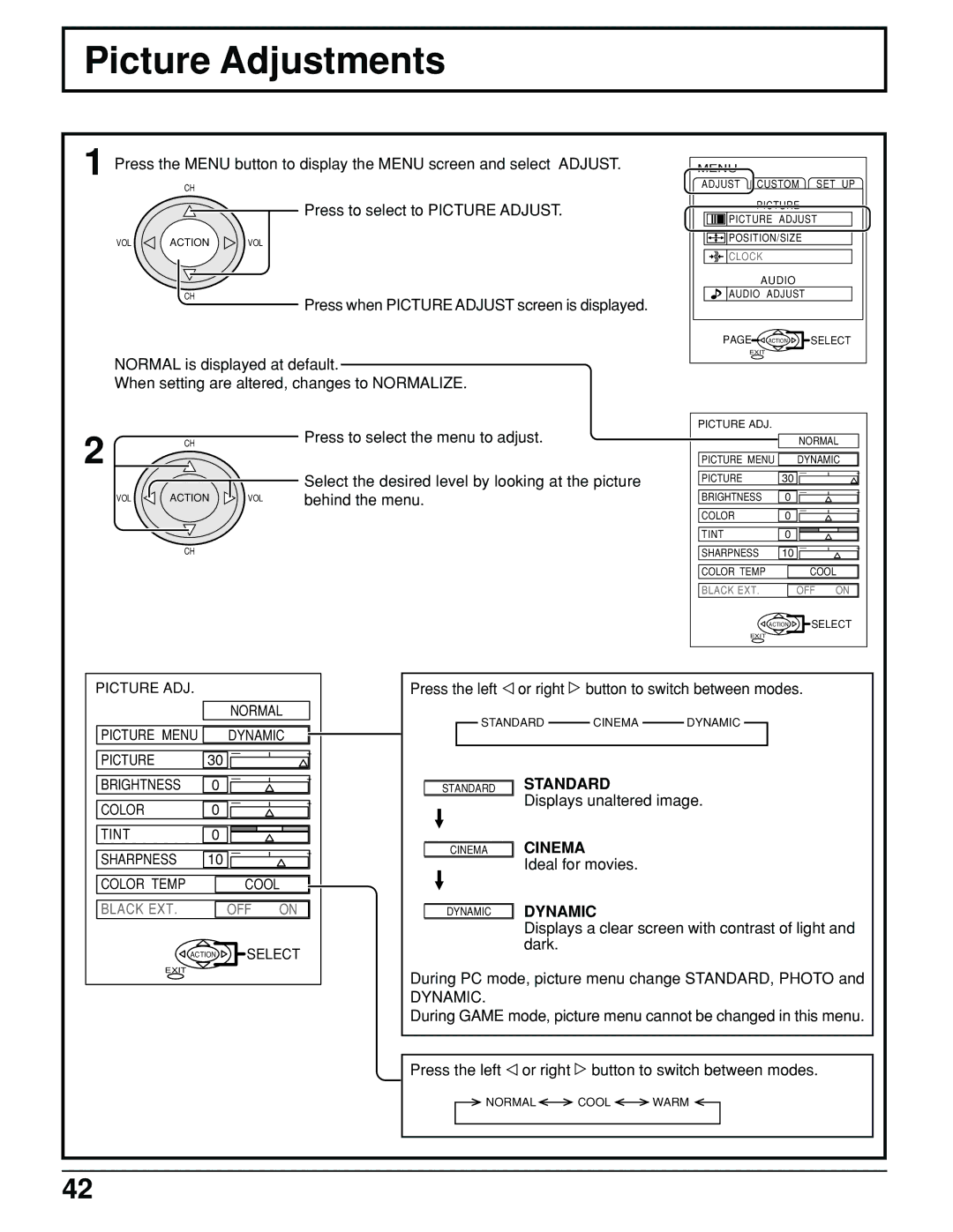 Panasonic PT 52DL10 operating instructions Picture Adjustments, Dynamic 