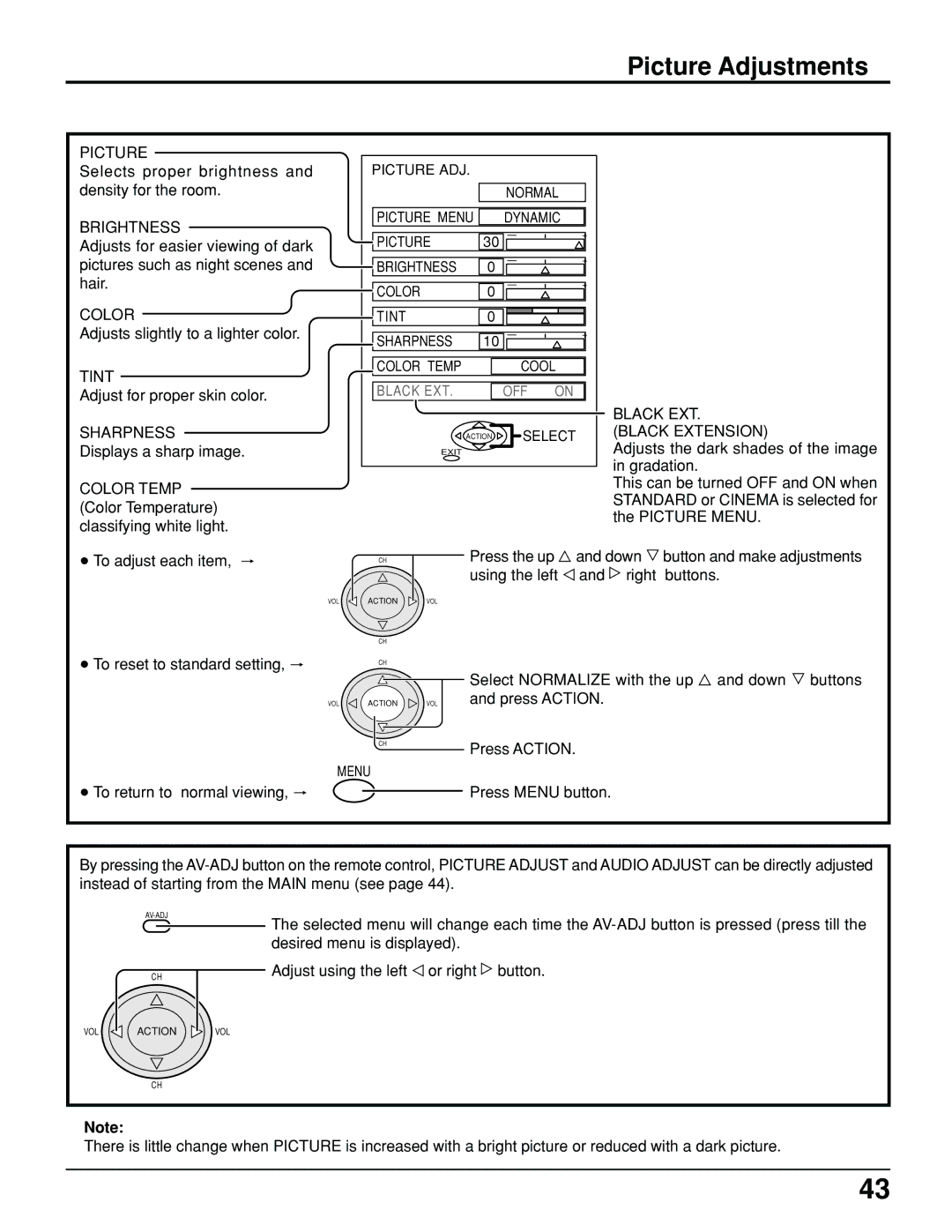 Panasonic PT 52DL10 operating instructions Picture Adjustments 