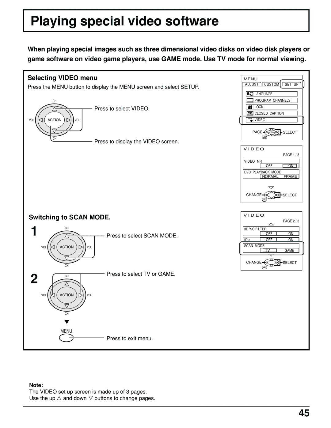 Panasonic PT 52DL10 operating instructions Playing special video software, Selecting Video menu, Switching to Scan Mode 