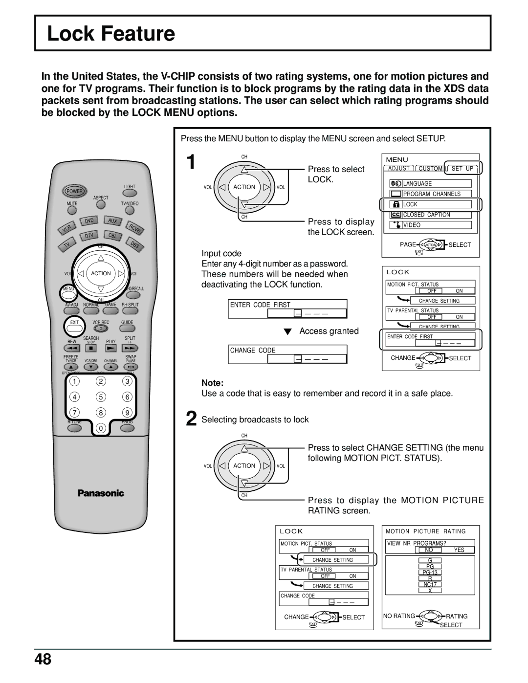 Panasonic PT 52DL10 Lock Feature, Input code, Access granted, Press to display the Motion Picture Rating screen 