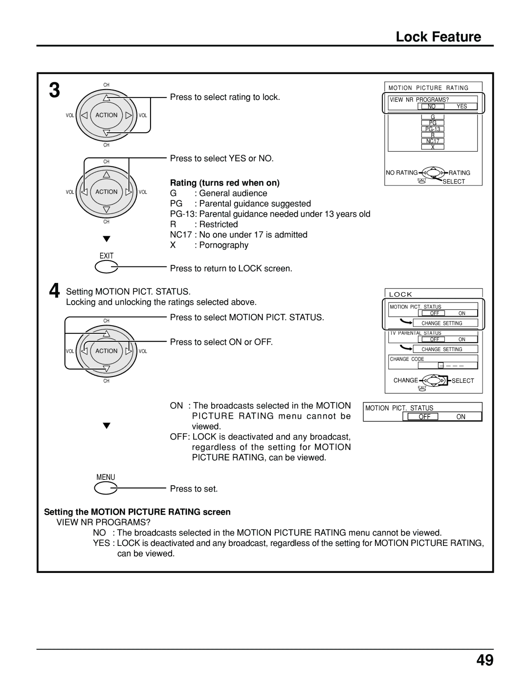 Panasonic PT 52DL10 Lock Feature, Rating turns red when on, Setting the Motion Picture Rating screen, View NR PROGRAMS? 