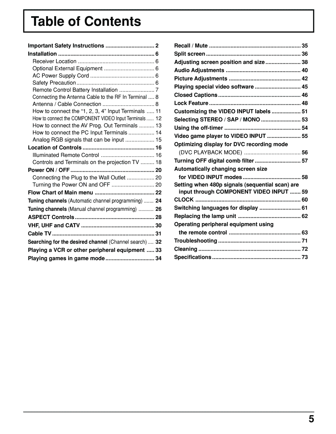 Panasonic PT 52DL10 operating instructions Table of Contents 