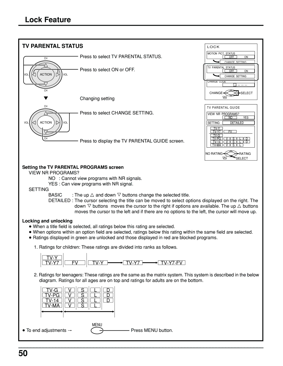 Panasonic PT 52DL10 operating instructions Setting the TV Parental Programs screen, Locking and unlocking 