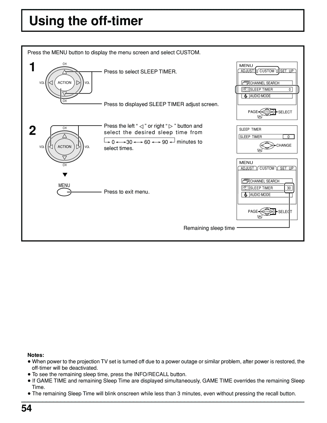 Panasonic PT 52DL10 operating instructions Using the off-timer, 30 60 90 minutes to select times Press to exit menu 