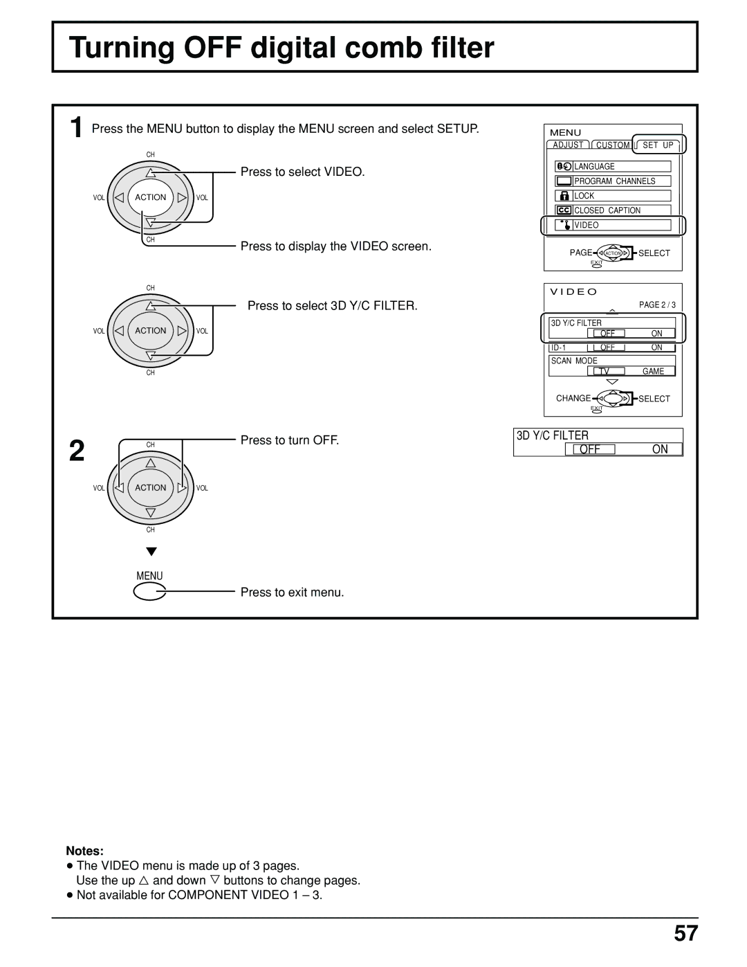 Panasonic PT 52DL10 operating instructions Turning OFF digital comb filter, 3D Y/C Filter OFF 