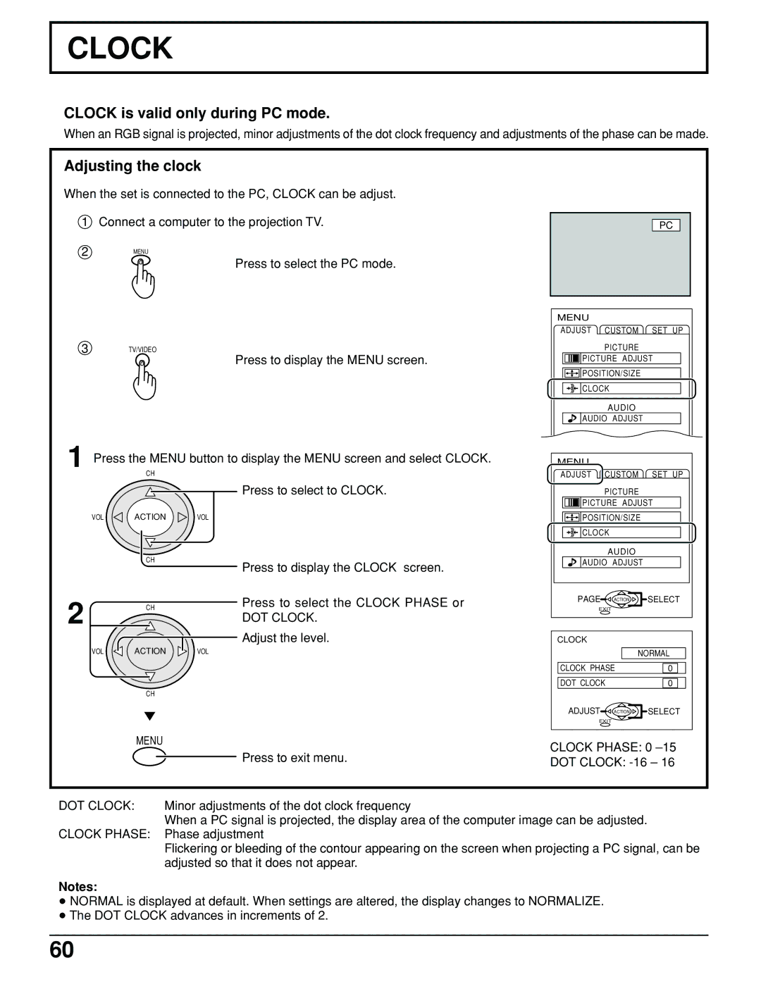 Panasonic PT 52DL10 Clock is valid only during PC mode, Adjusting the clock, DOT Clock, Clock Phase 0 