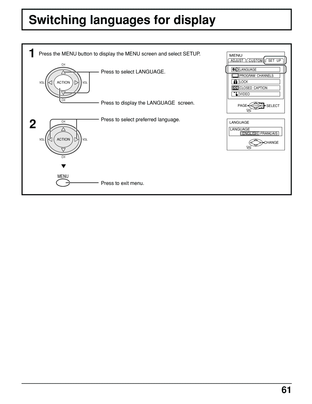 Panasonic PT 52DL10 Switching languages for display, Press to select Language, Press to display the Language screen 