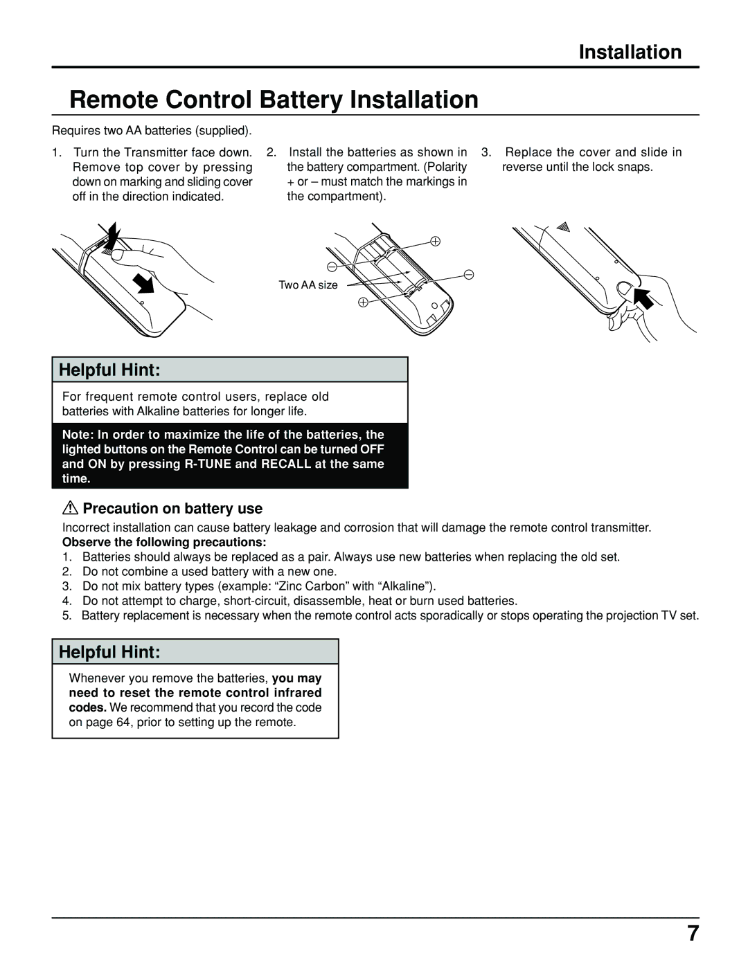 Panasonic PT 52DL10 Remote Control Battery Installation, Precaution on battery use, Observe the following precautions 