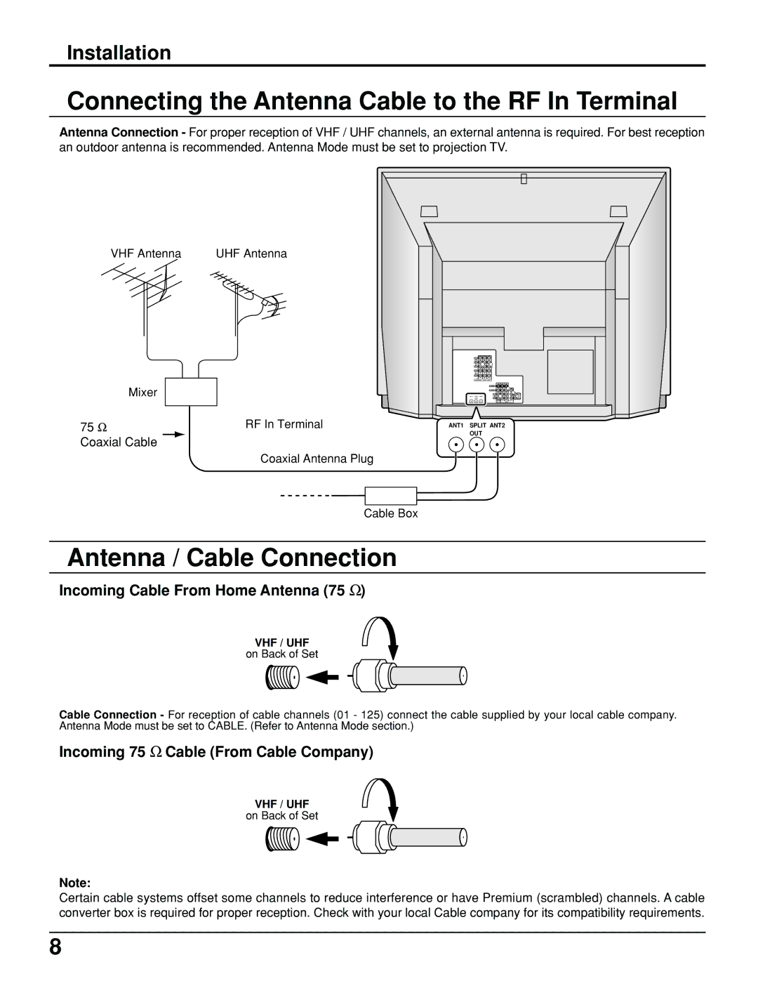 Panasonic PT 52DL10 operating instructions Connecting the Antenna Cable to the RF In Terminal, Antenna / Cable Connection 