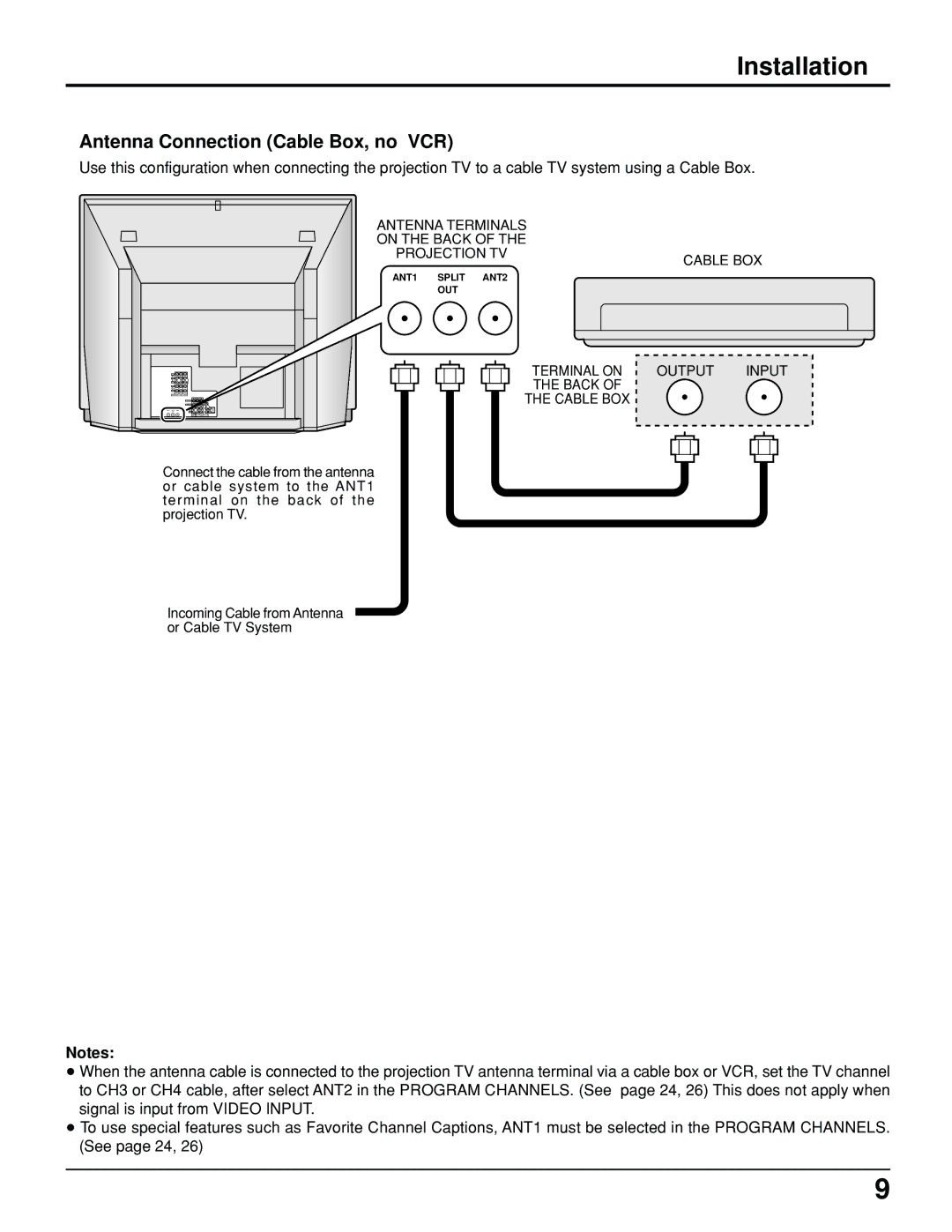 Panasonic PT 52DL10 operating instructions Antenna Connection Cable Box, no VCR, Output Input 