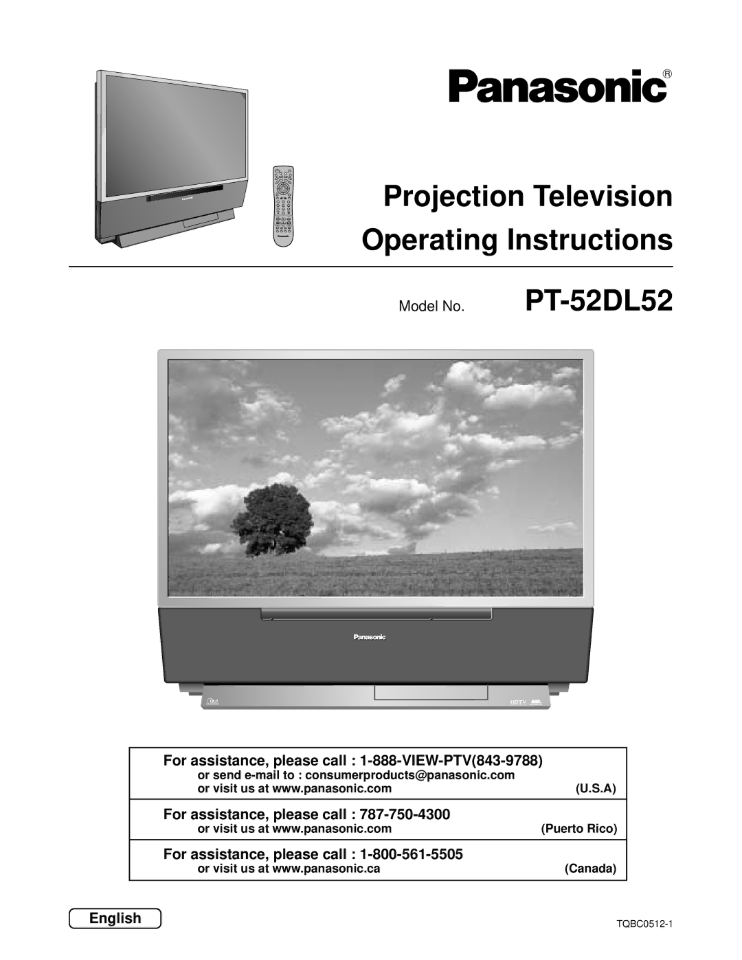 Panasonic PT 52DL52 manual For assistance, please call 1-888-VIEW-PTV843-9788, English 