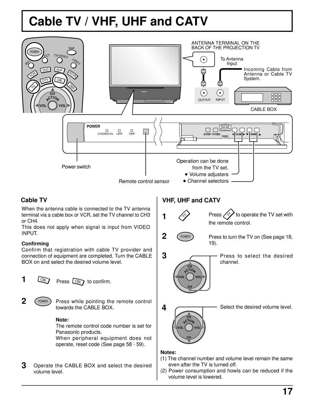 Panasonic PT 52DL52 Cable TV / VHF, UHF and Catv, Cable TV VHF, UHF and Catv, Confirming, Select the desired volume level 