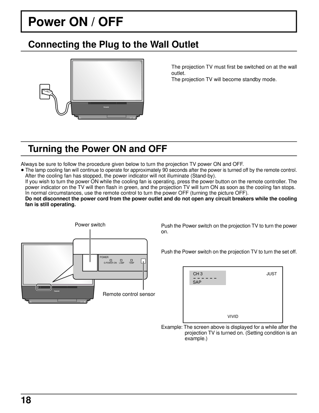 Panasonic PT 52DL52 manual Power on / OFF, Connecting the Plug to the Wall Outlet, Turning the Power on and OFF 