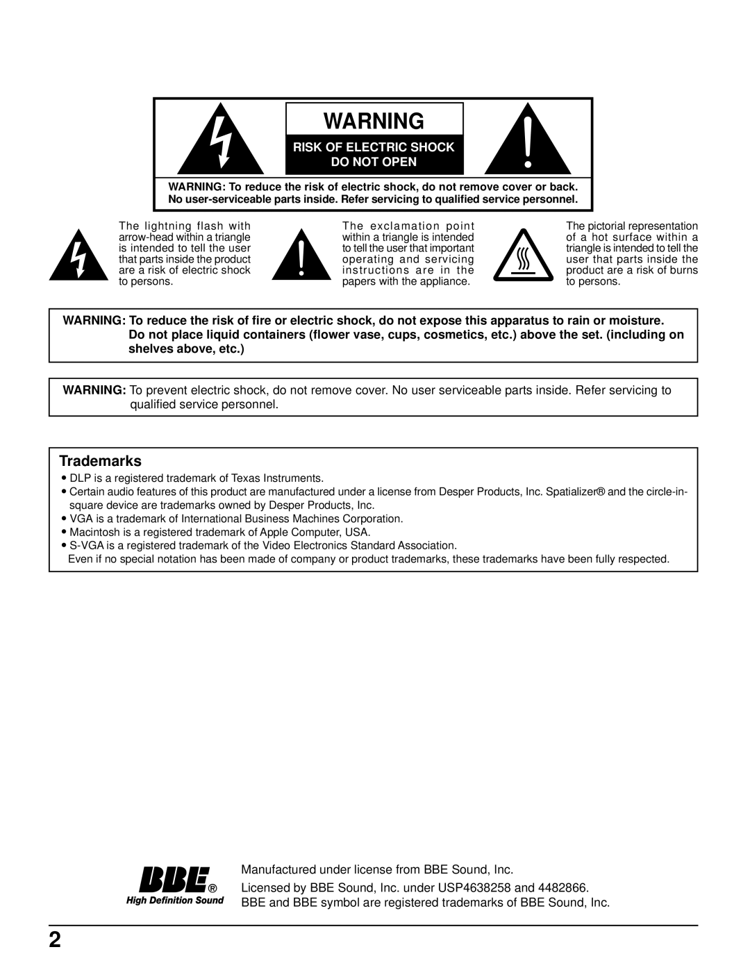 Panasonic PT 52DL52 manual Trademarks, Risk of Electric Shock Do not Open 