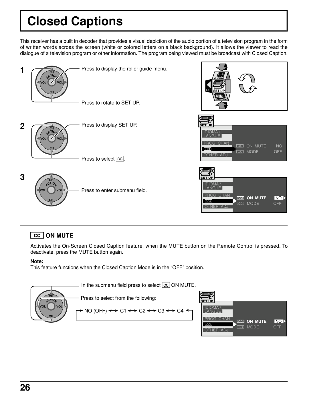 Panasonic PT 52DL52 manual Closed Captions, Cc on Mute 