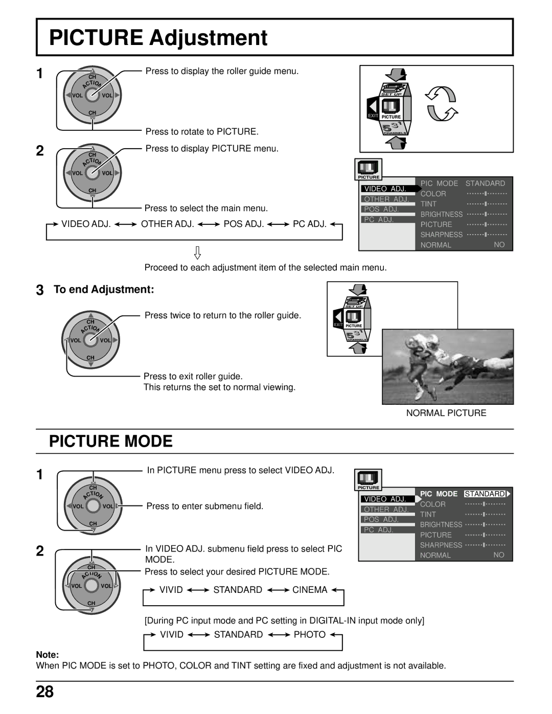 Panasonic PT 52DL52 manual Picture Adjustment, Picture Mode, Press to display the roller guide menu 