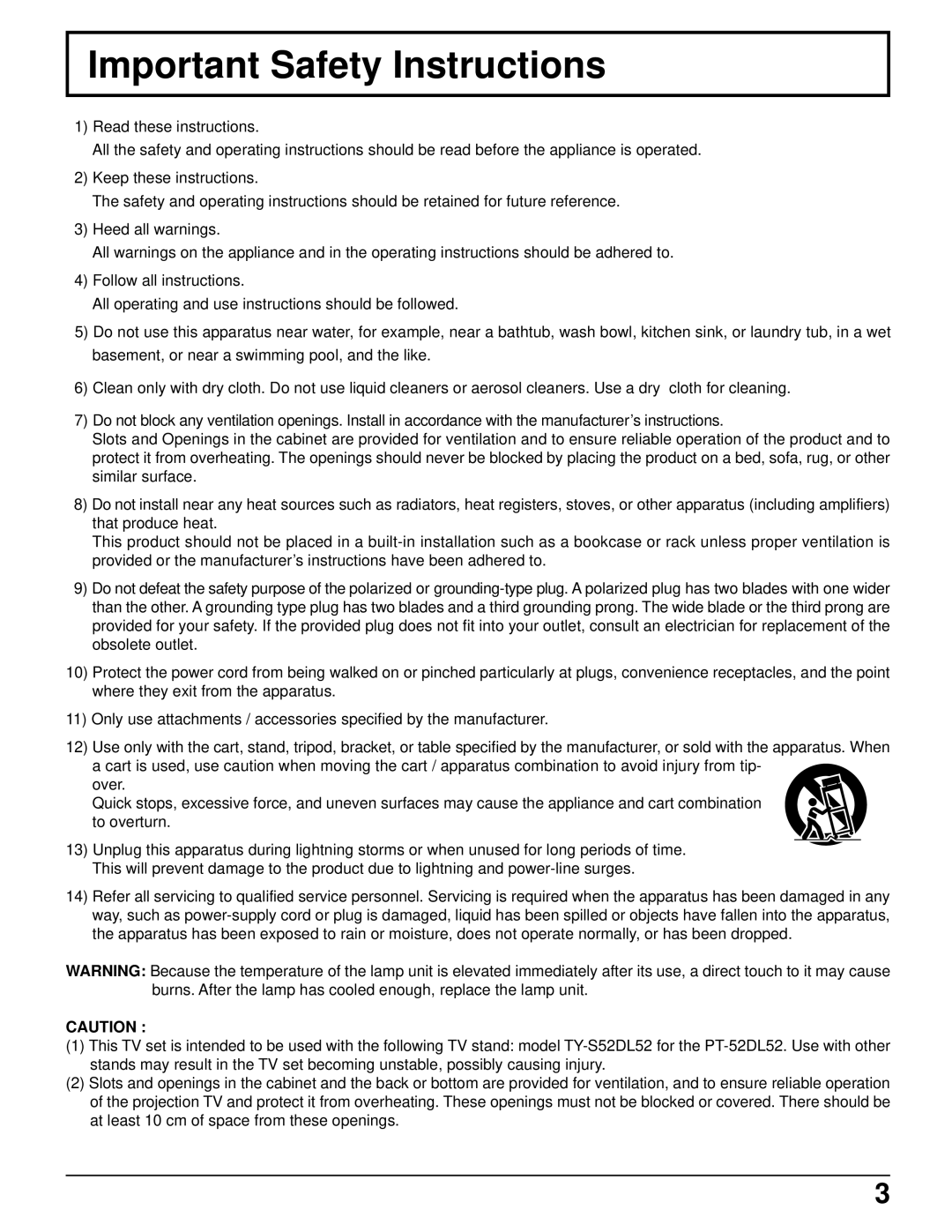 Panasonic PT 52DL52 manual Important Safety Instructions 