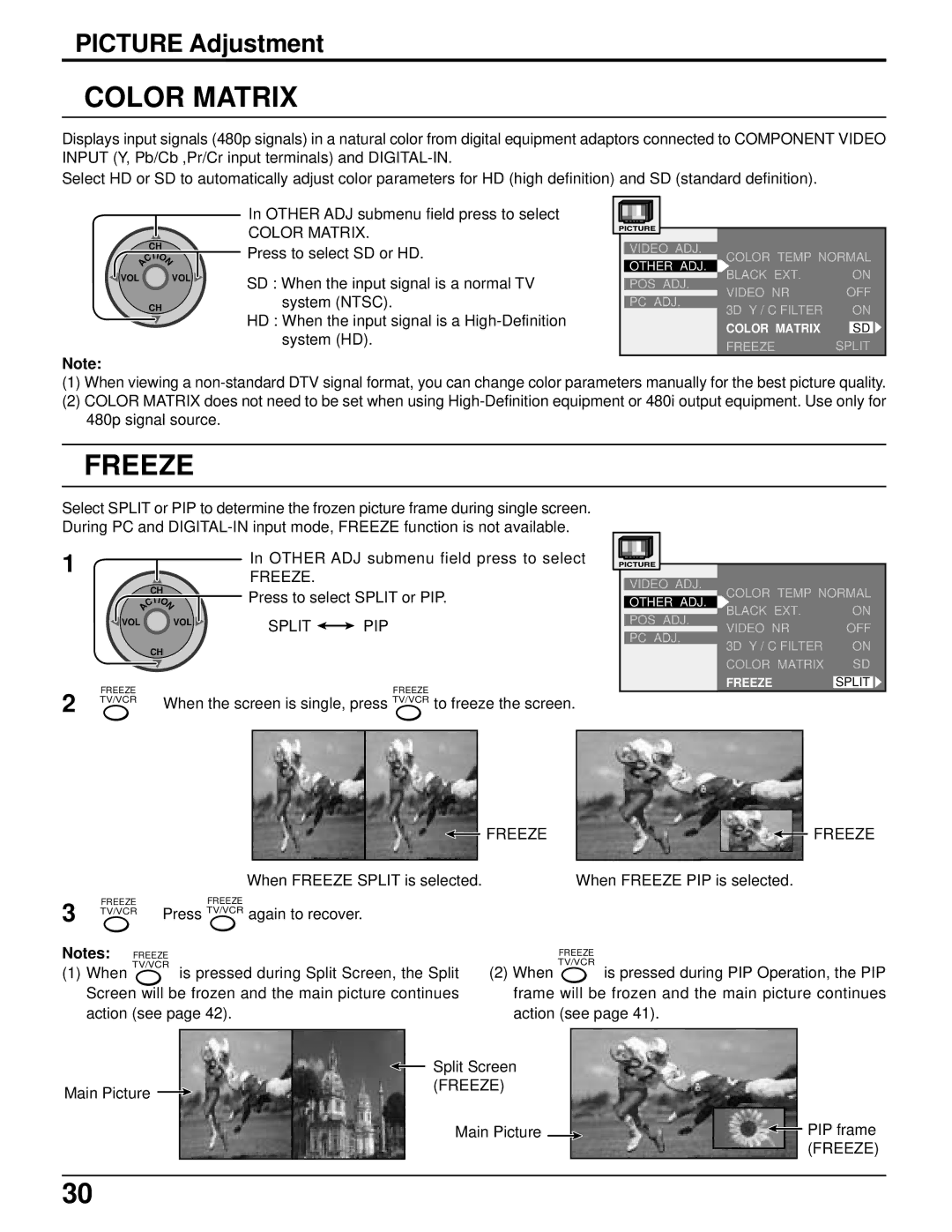 Panasonic PT 52DL52 manual Color Matrix, Freeze, Split PIP 